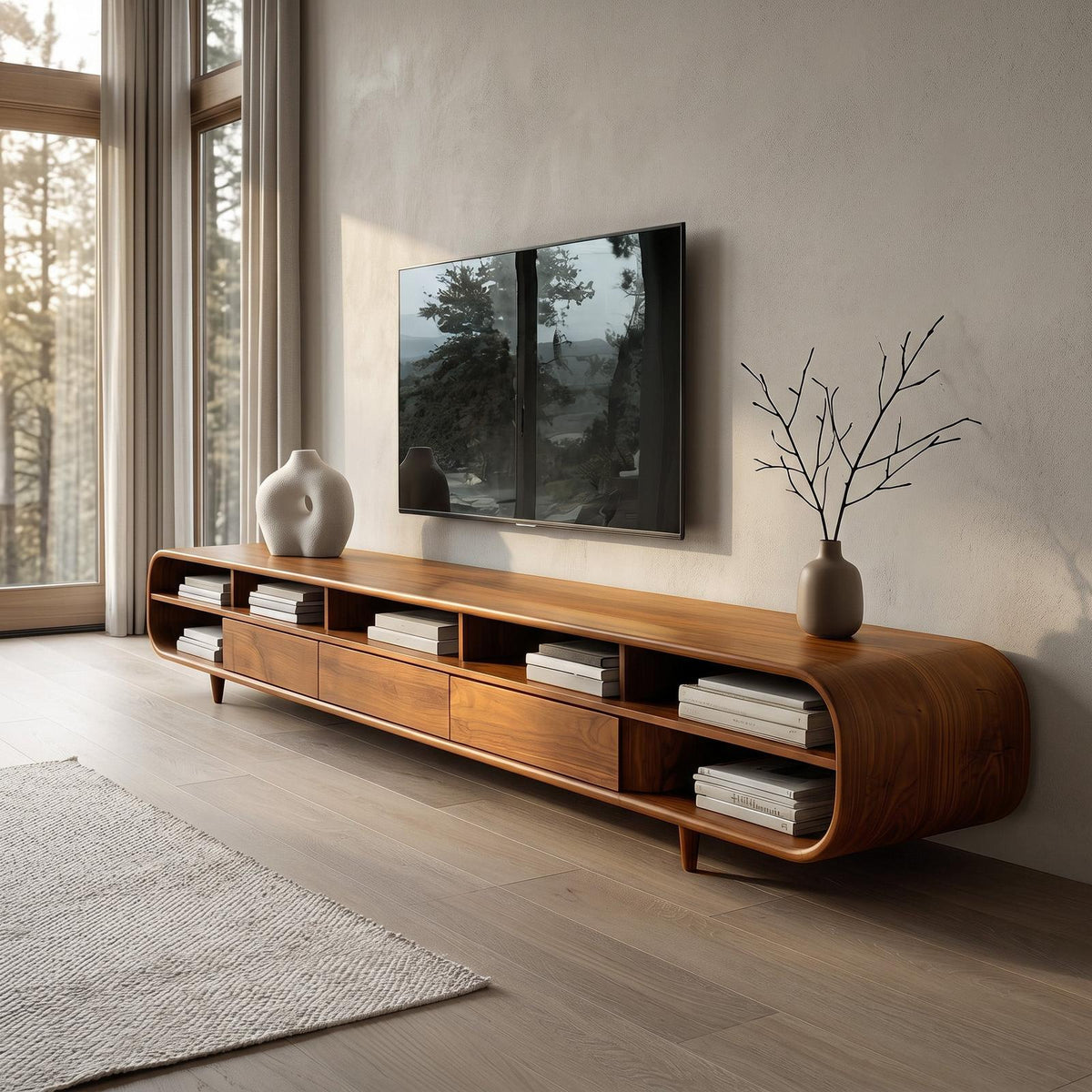 Mid Century Wooden TV Cabinet With Multiple Compartments For Living