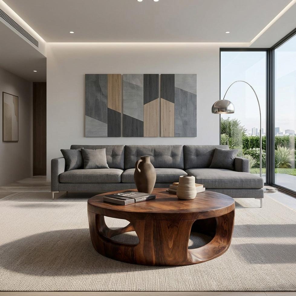 Teezano Contemporary Round Wooden Coffee Table with Open Cut Out Base, Modern Minimalist Center Table, Model RTTHHNCF068