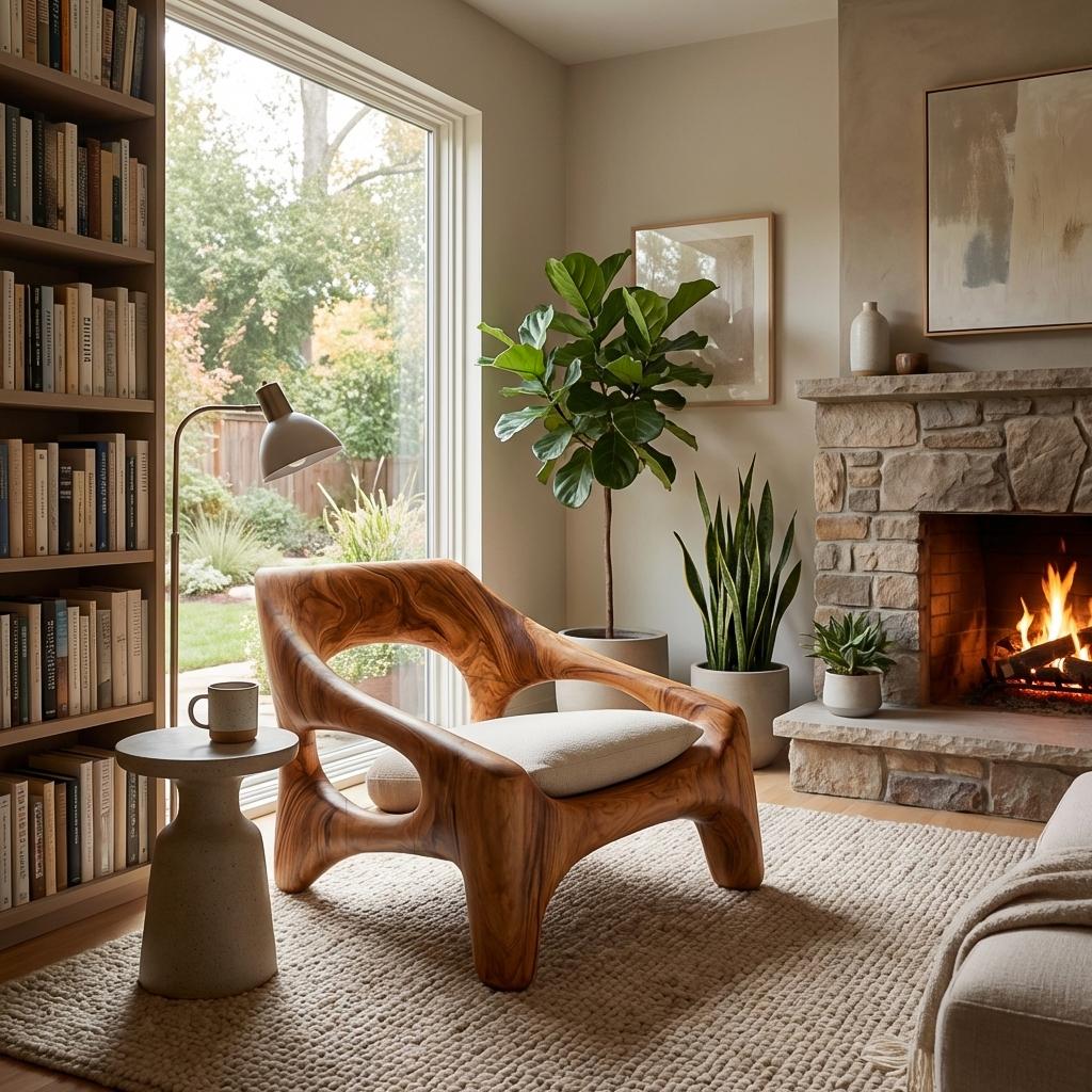 Contemporary Sculptural Wooden Chair, Handcrafted Solid Wood Outdoor Patio & Front Porch Accent Armchair