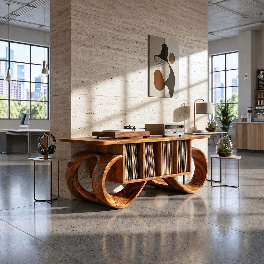 Sculptural Loop Record Player Console, Handcrafted Curved Wood Turntable Stand & Vinyl Storage Cabinet, Model