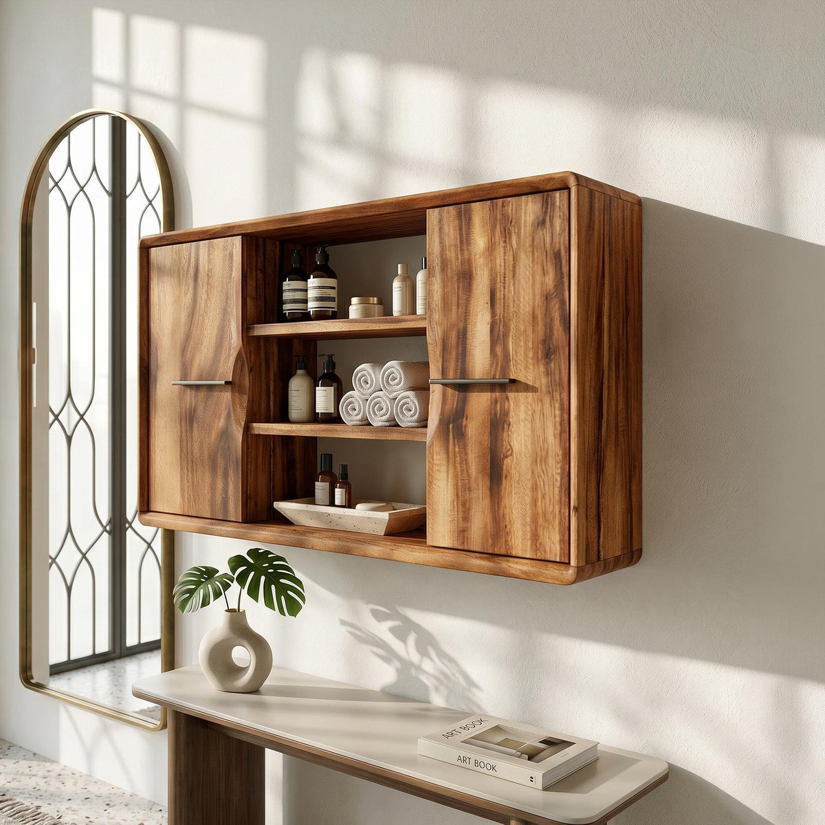 Spry Interior Japandi Solid Wood Open Shelf Bathroom Cabinet, Ensuite Vanity Organizer Cupboard, SILDTTRBRC003