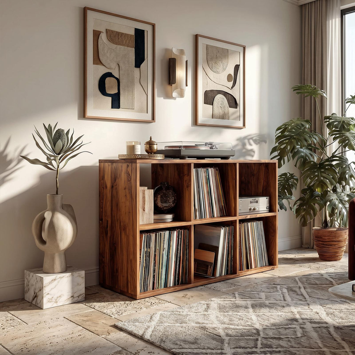 Mid-Century Wood Vinyl Record Storage Cabinet, Handcrafted Retro Turntable Stand with Album Divider Shelf, Model