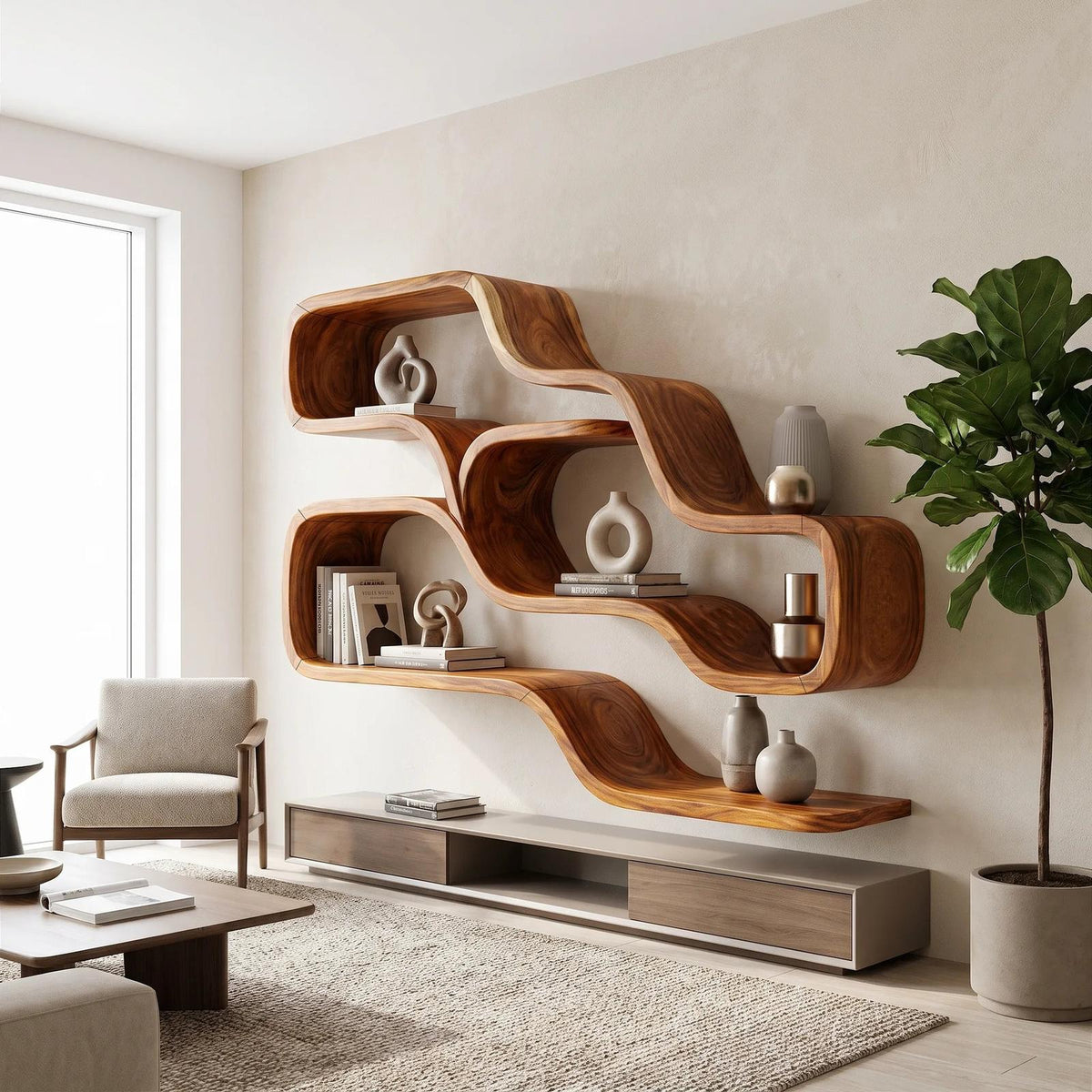 Farmhouse Organic Wood Shelves for Reading Nook