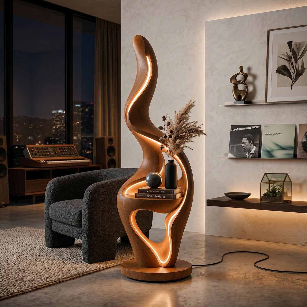 Minimalist Curved Lamp With Table For Bedroom