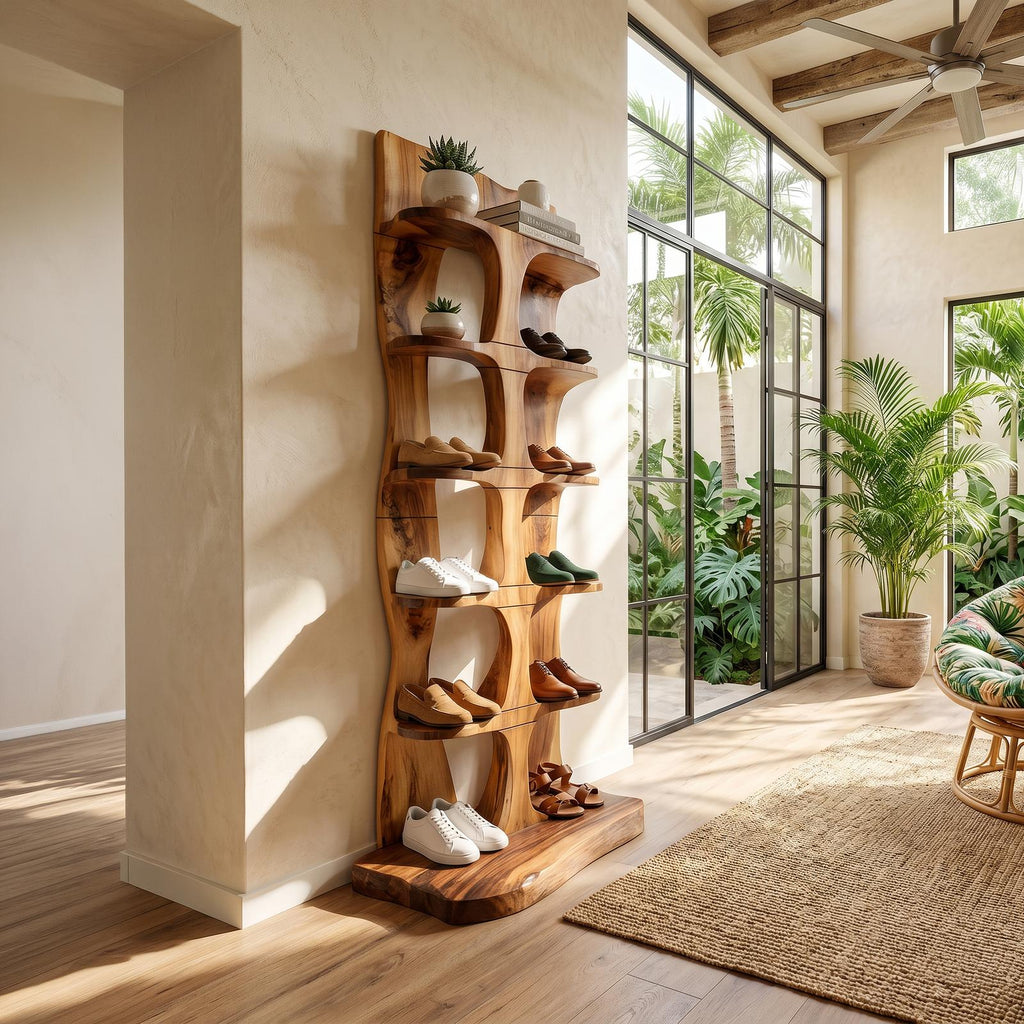 Mid-Century Tall Shoe Storage Rack, Wooden Multi-Tier Shoe Organizer Tower for Foyer & Entryway