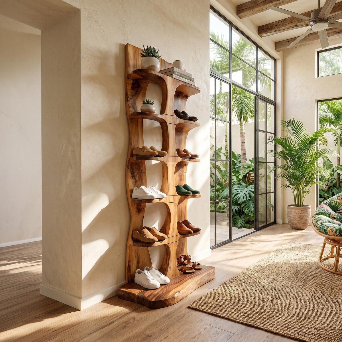 Mid-Century Tall Shoe Storage Rack, Wooden Multi-Tier Shoe Organizer Tower for Foyer & Entryway