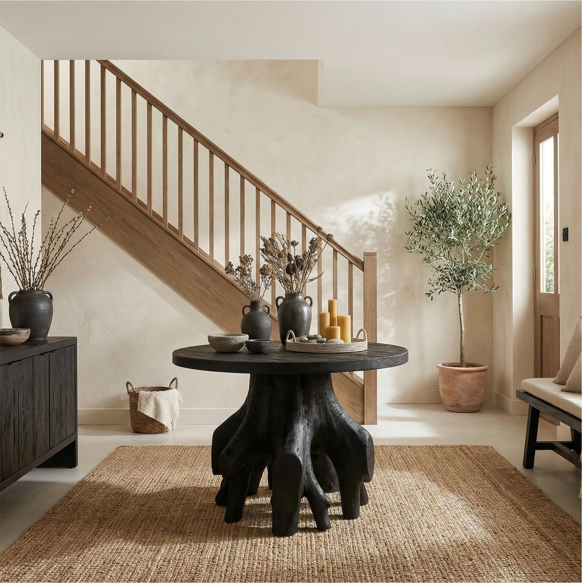 Organic Sculptural Foyer Table, Solid Wood Round Entryway Accent Table for Living Room