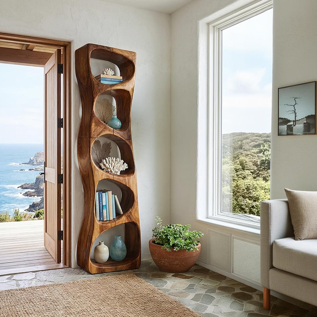 Minimalist Geometric Wood Bookshelf, Handcrafted Freestanding Book Rack Shelf for Entryway Storage Display