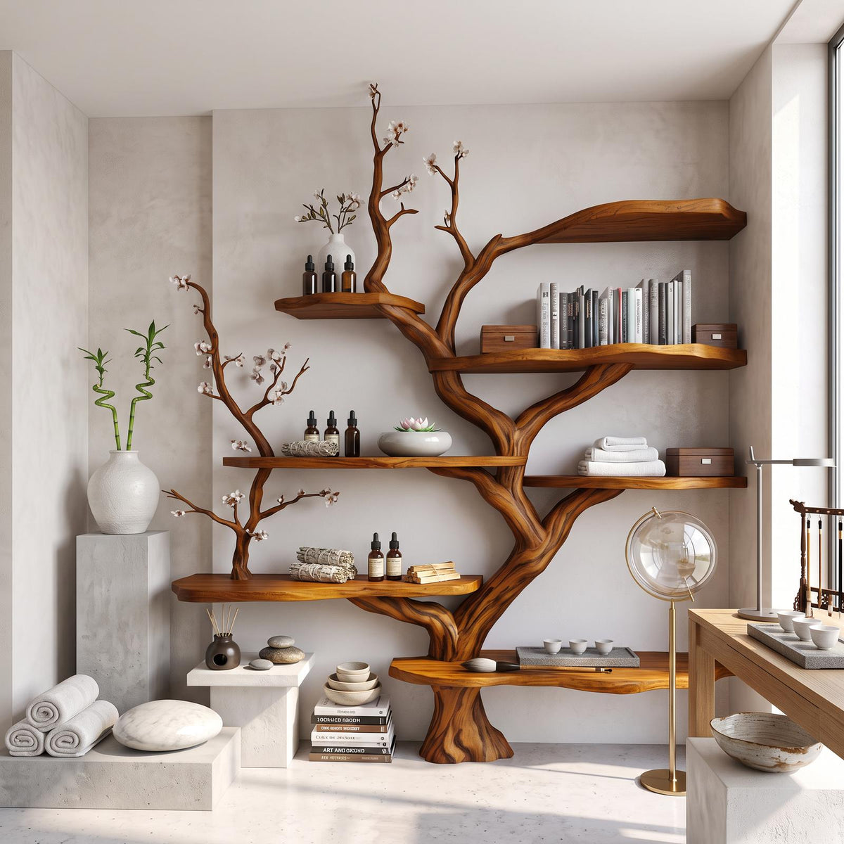 Sculptural Branch Bookcase, Solid Wood Tree Display Shelf for Living Room Interior Alcove Wall Decor