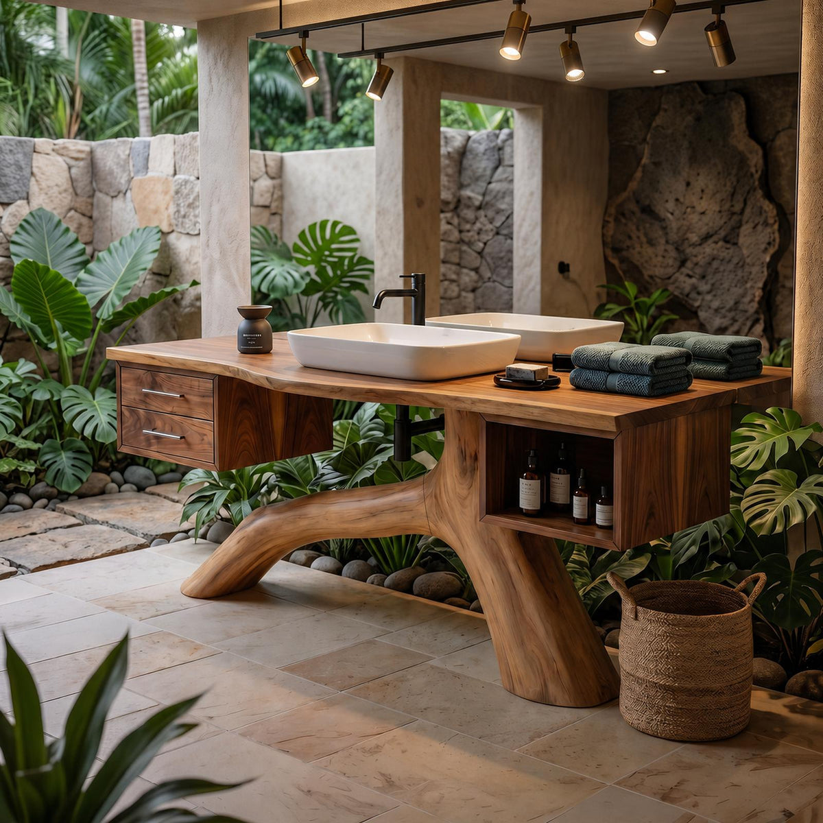 Tropical Double Sink Wood Vanity with Storage, Handcrafted Solid Wooden Cabinet for Luxury Resort Bathroom