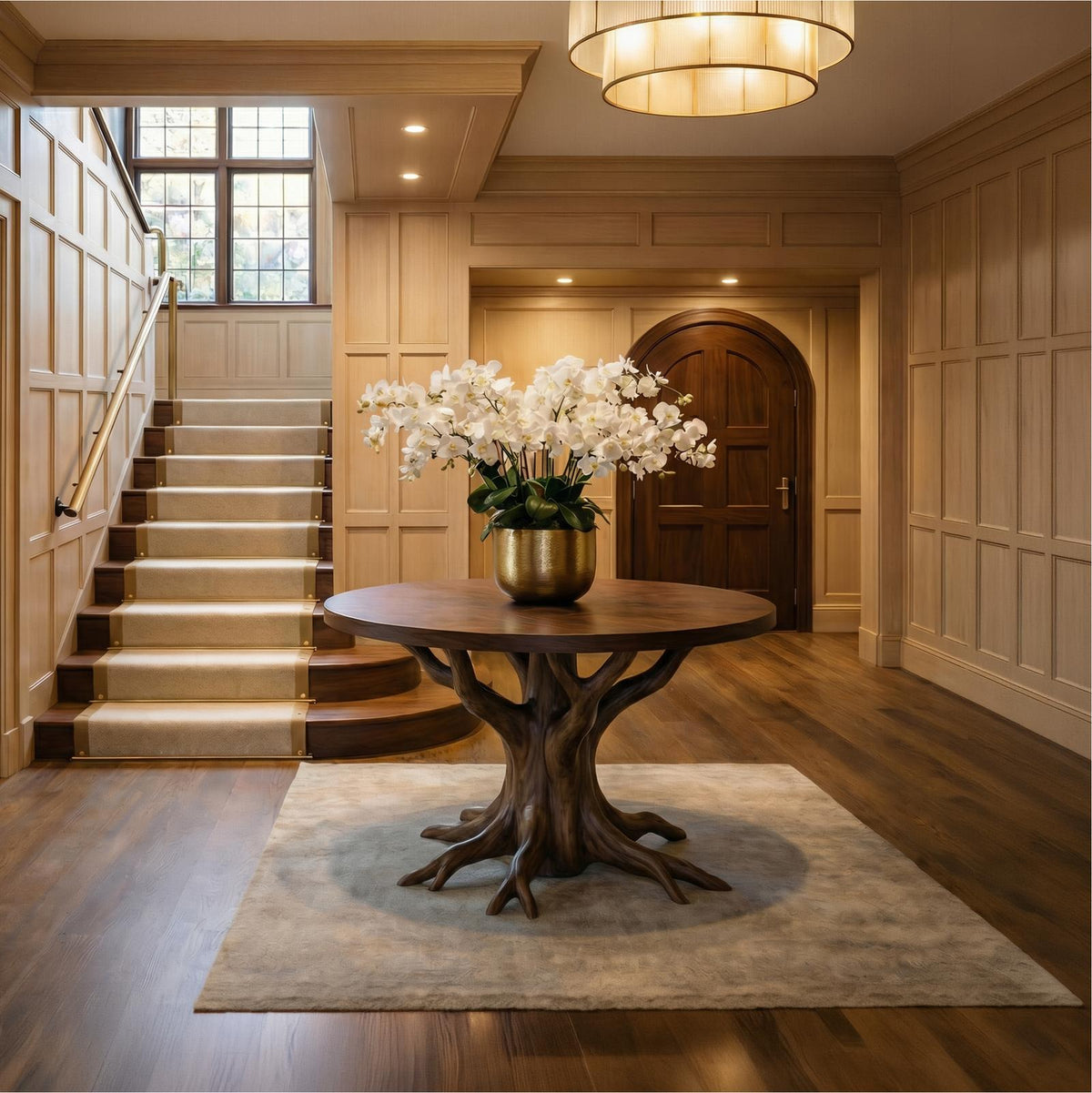 Rustic Pedestal Foyer Table, Solid Wood Round Entryway Table, Handcrafted Accent Table for Living Room