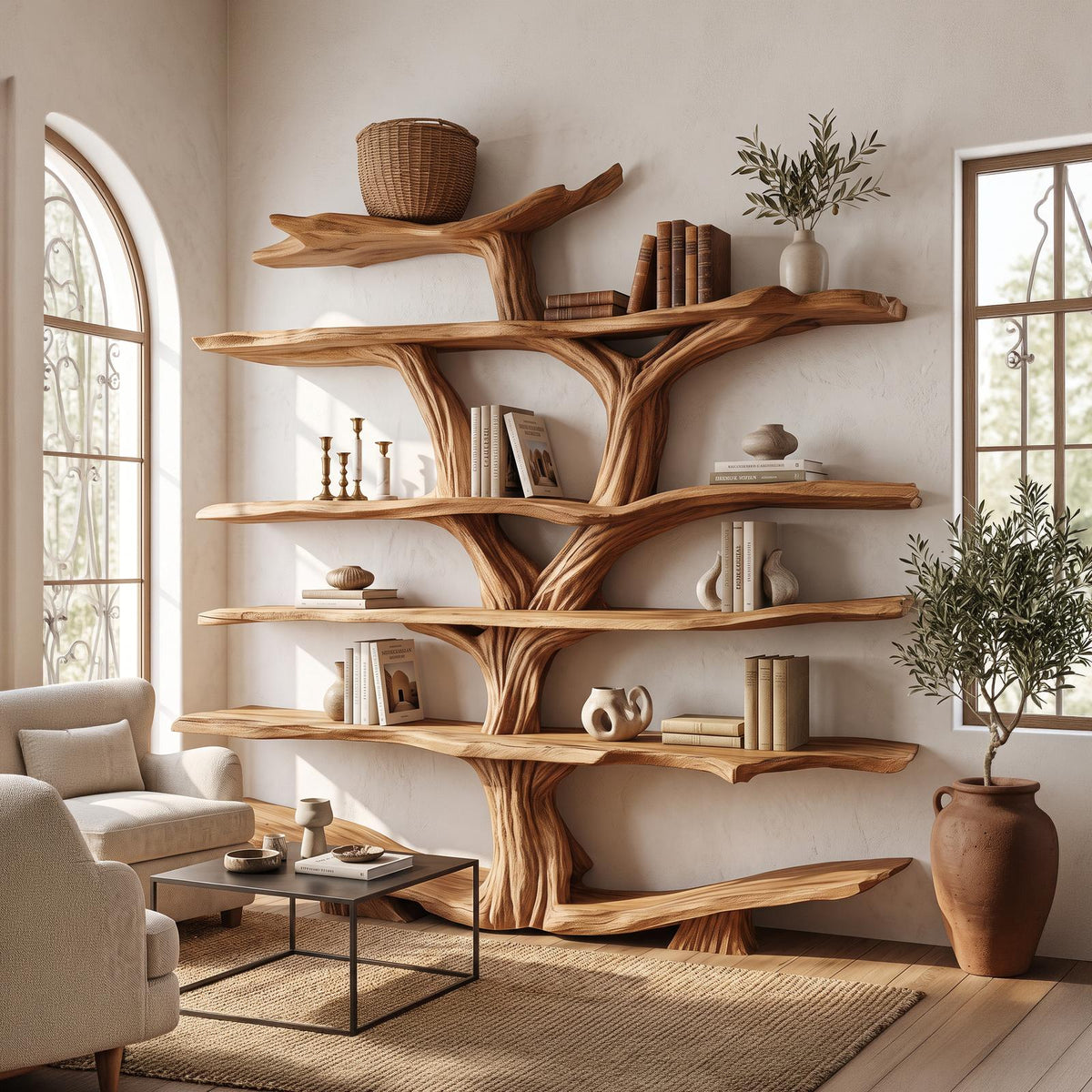 Rustic Wooden Tree Shelf – Perfect Book Storage & Nature-Inspired Decor