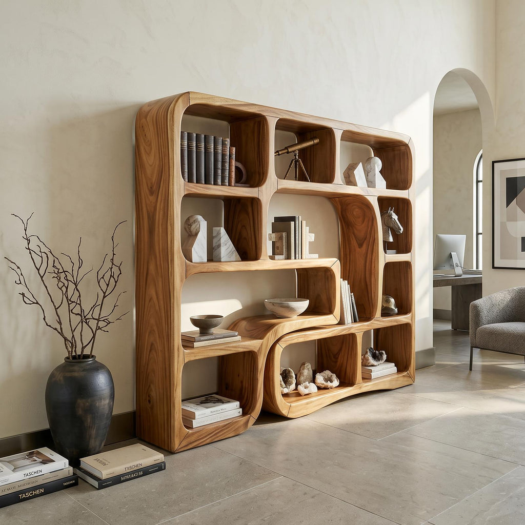 Luxury Wooden Bookcase With Organic Wave Design
