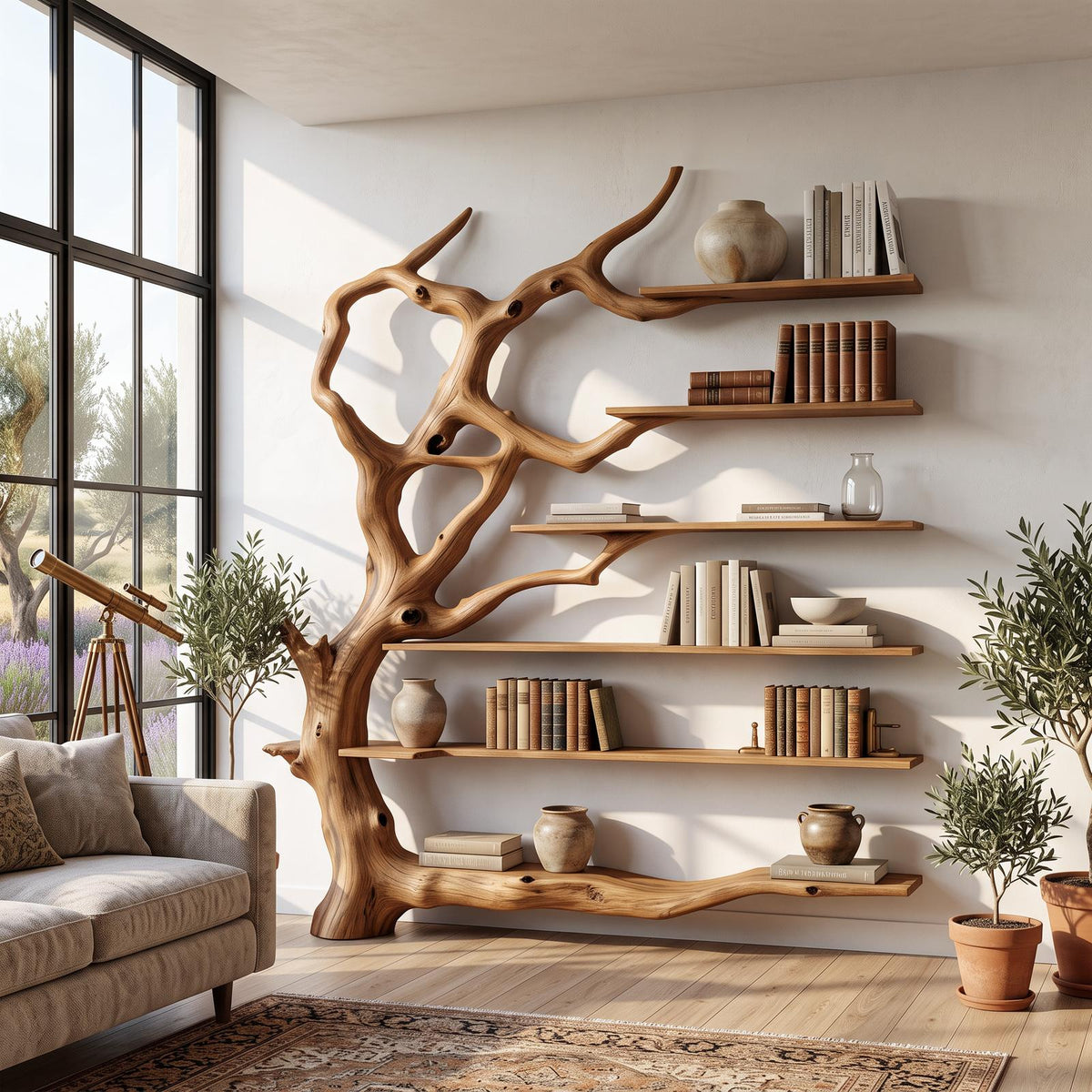 Wall Mounted Rustic Tree Bookcase Floating Shelf For Living Room Decor & Gift