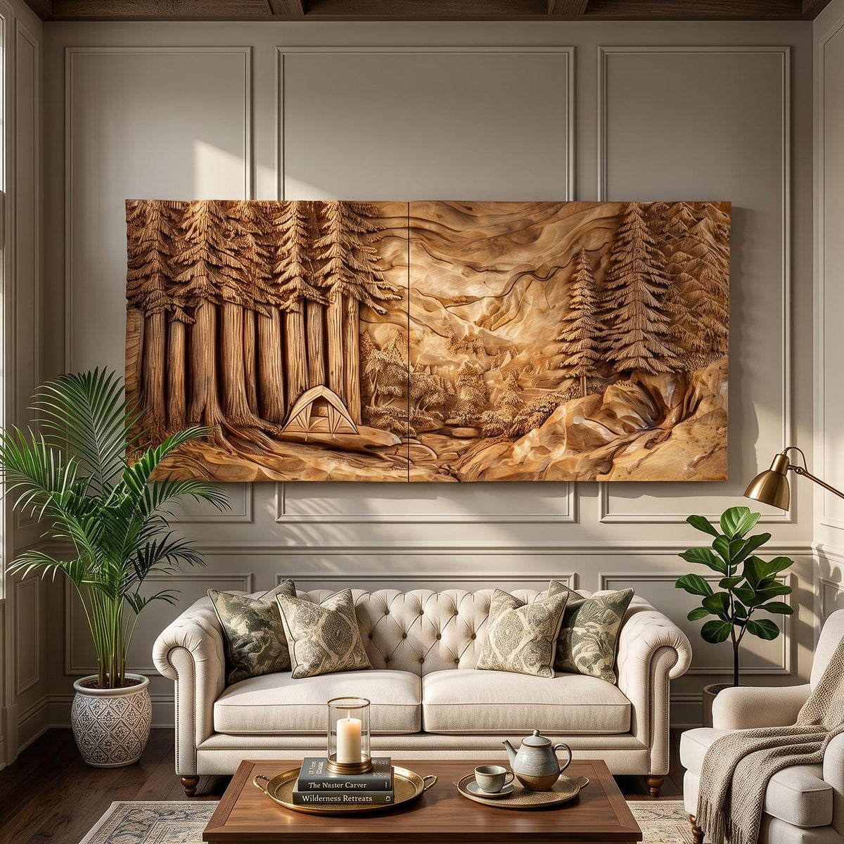 Illuminated Sunset Lake Wood Wall Art, Backlit 3D Forest Mountain Wooden Landscape Panel Decor for Cozy Cabin & Living Room