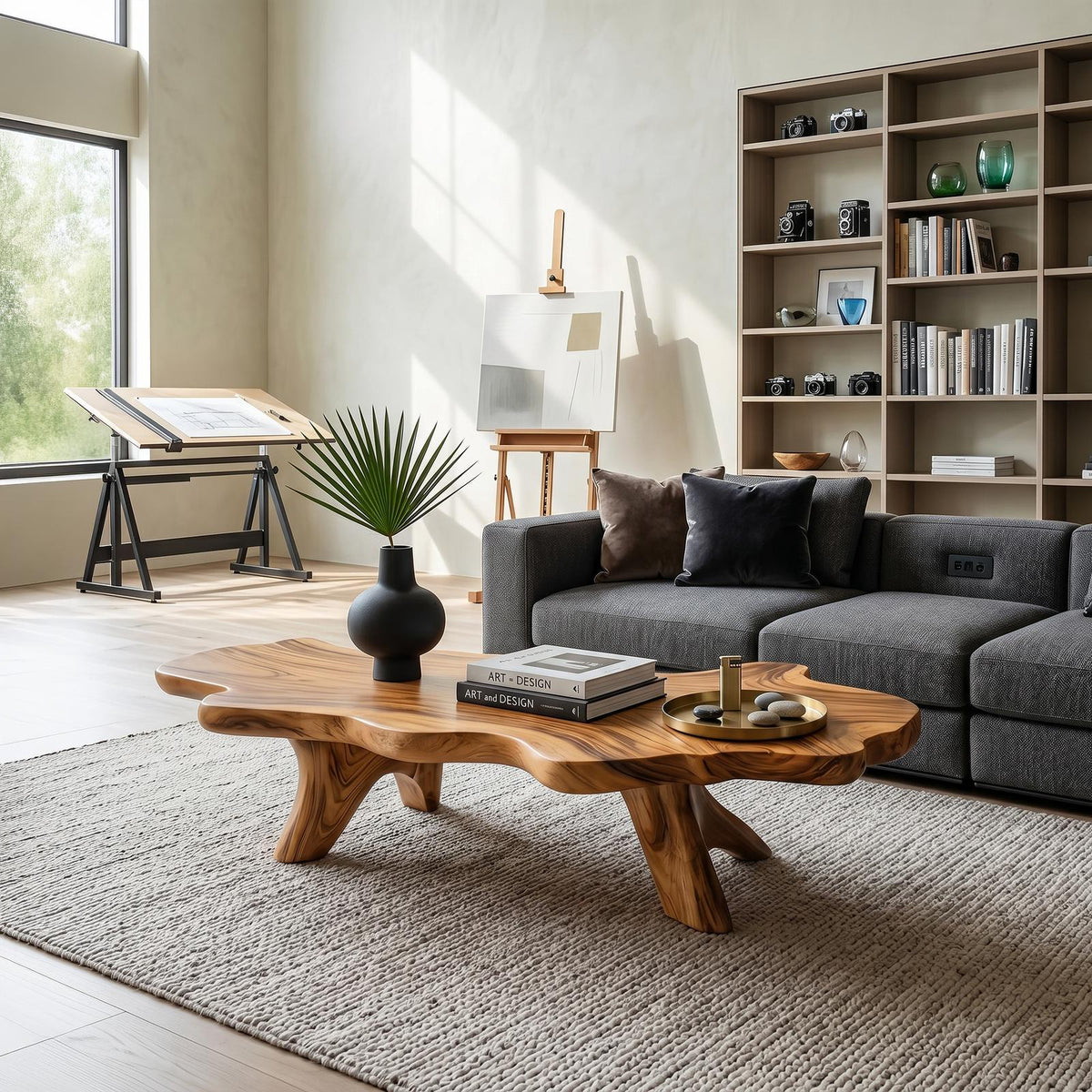 Handcrafted Solid Wood Low Coffee Table, Live Edge Natural Wood Center Table for Artisan Living Rooms