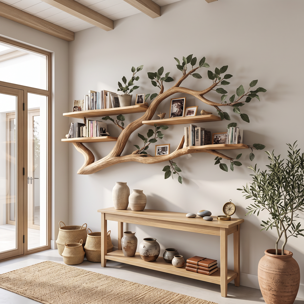 Rustic Wall Mounted Branch Bookshelf, Solid Wood Hanging Floating Bookcase & Decorative Display for Living Room Storage