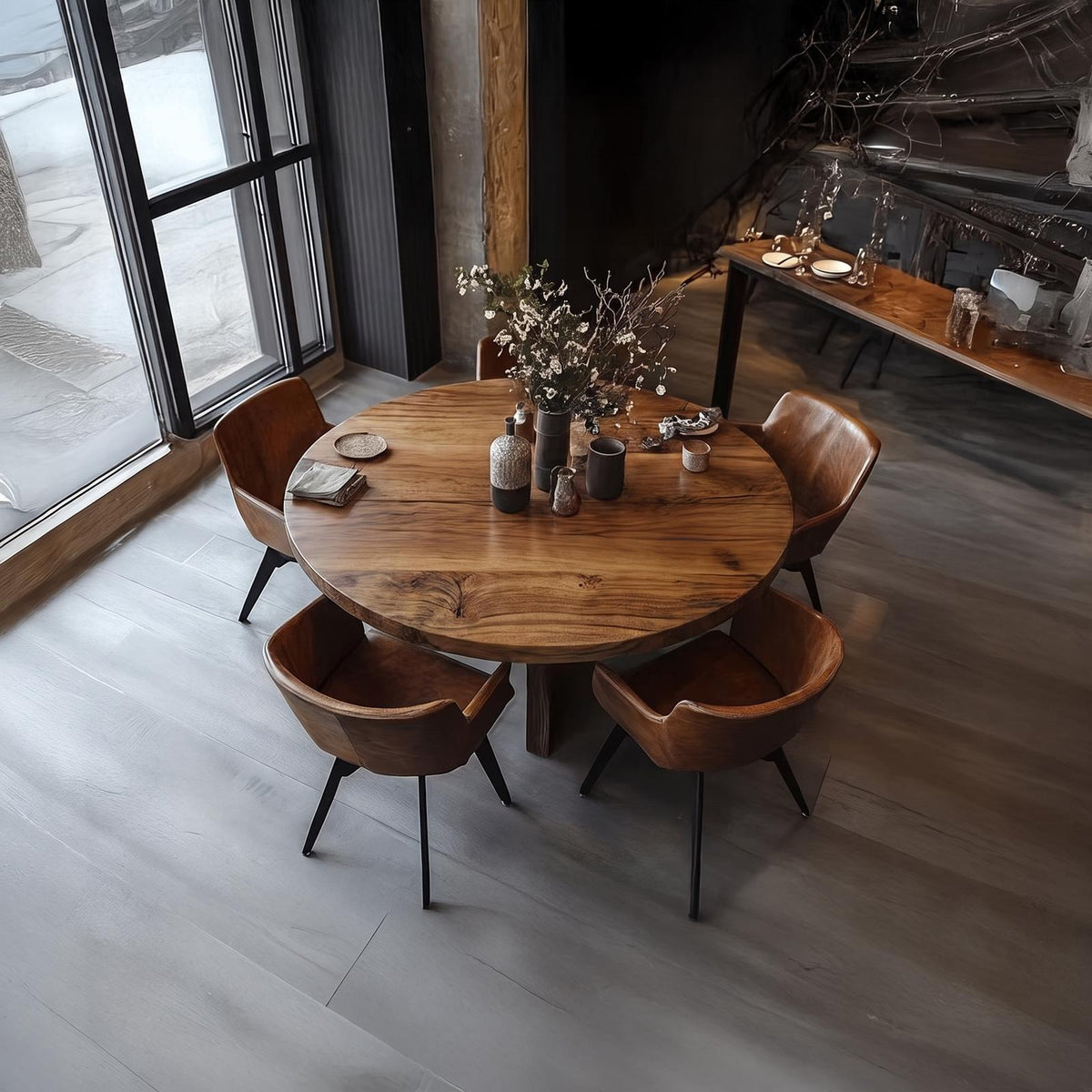 Spry Interior Rustic Round Wooden Dining Table, Solid Wood Kitchen & Dining Room Table, Handcrafted Dinette, Model SINLSADT072