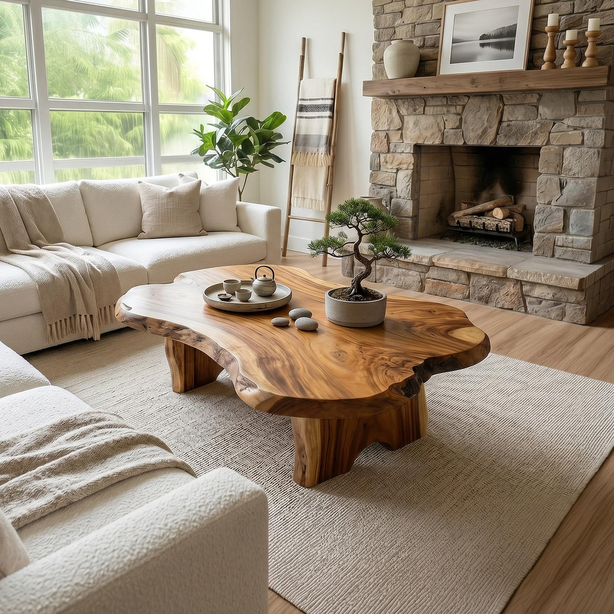 Rustic Live Edge Solid Wood Coffee Table, Natural Wood Slab Center Table for Cabin Fireplace Room and Living Room