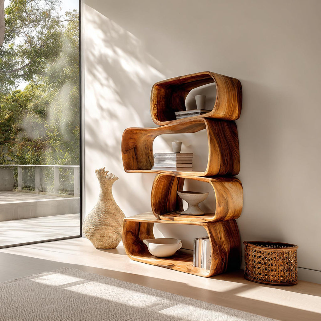 Rustic Farmhouse Abstract Bookshelf, Geometric Wooden Bookcase Cabinet for Apartment & Living Room