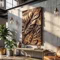 Industrial Wooden Wall Art with Leaf Relief Design, Carved Leaf Art Panel for Entryway