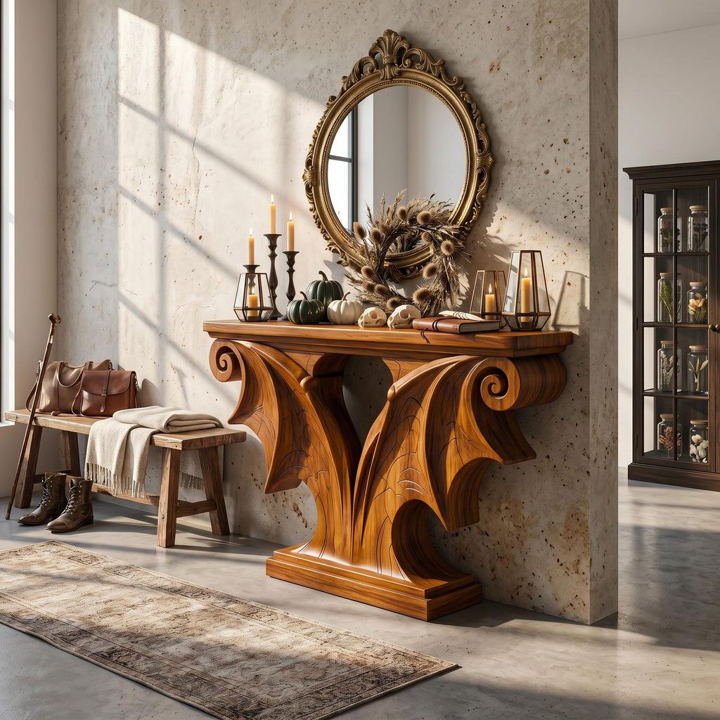 Rustic Halloween Console Table With Sculptural Bat Wing Design For Entryway And Living Room