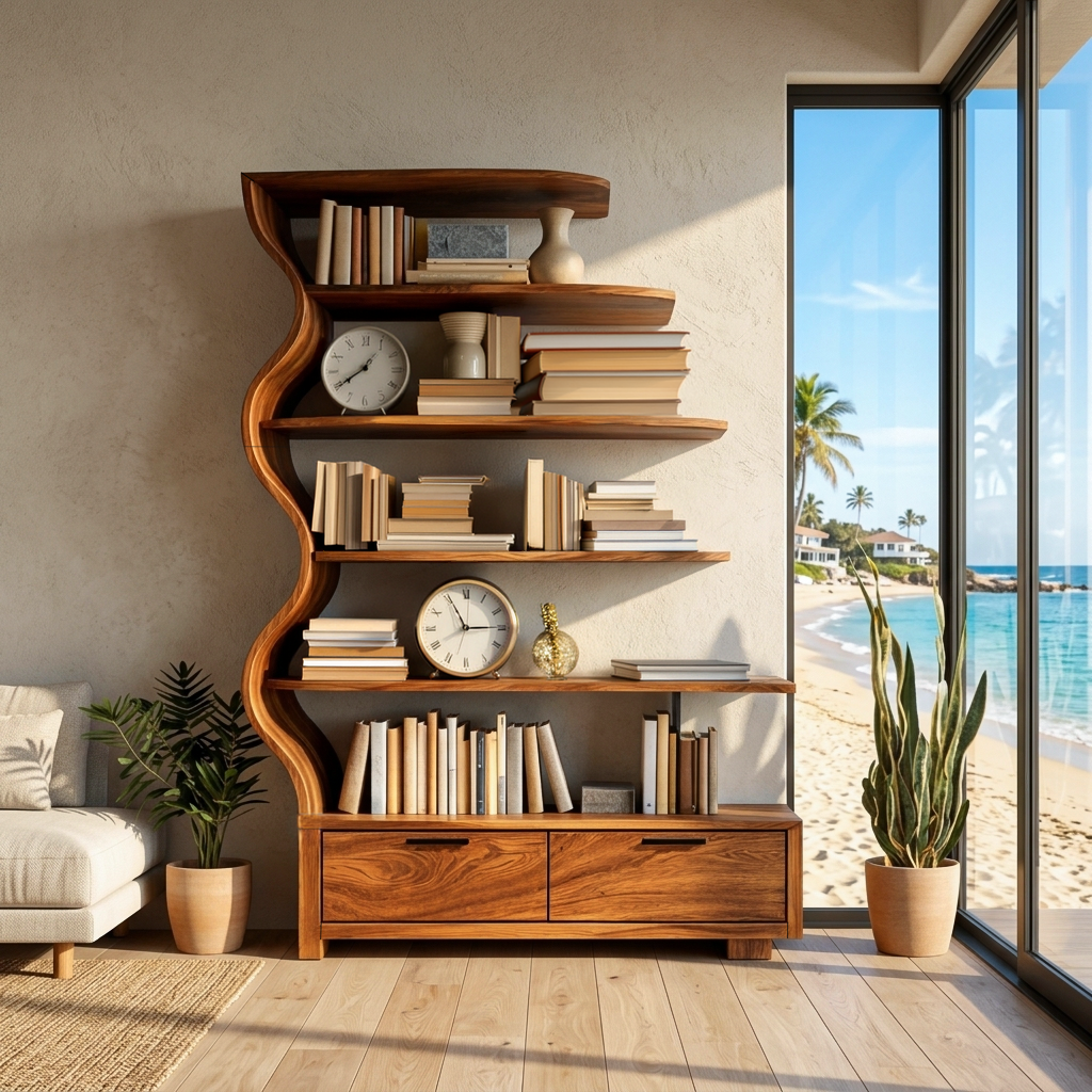 Contemporary Natural Wood Bookshelf, Solid Timber Display Shelf & Books Storage Organizer for Home Office Space
