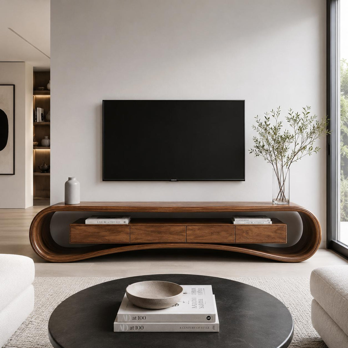 Spry Interior Modern Luxury Curved Wood Media Console, TV Stand & Entertainment Center Sideboard Credenza for Living Room, SITHHNTVC045