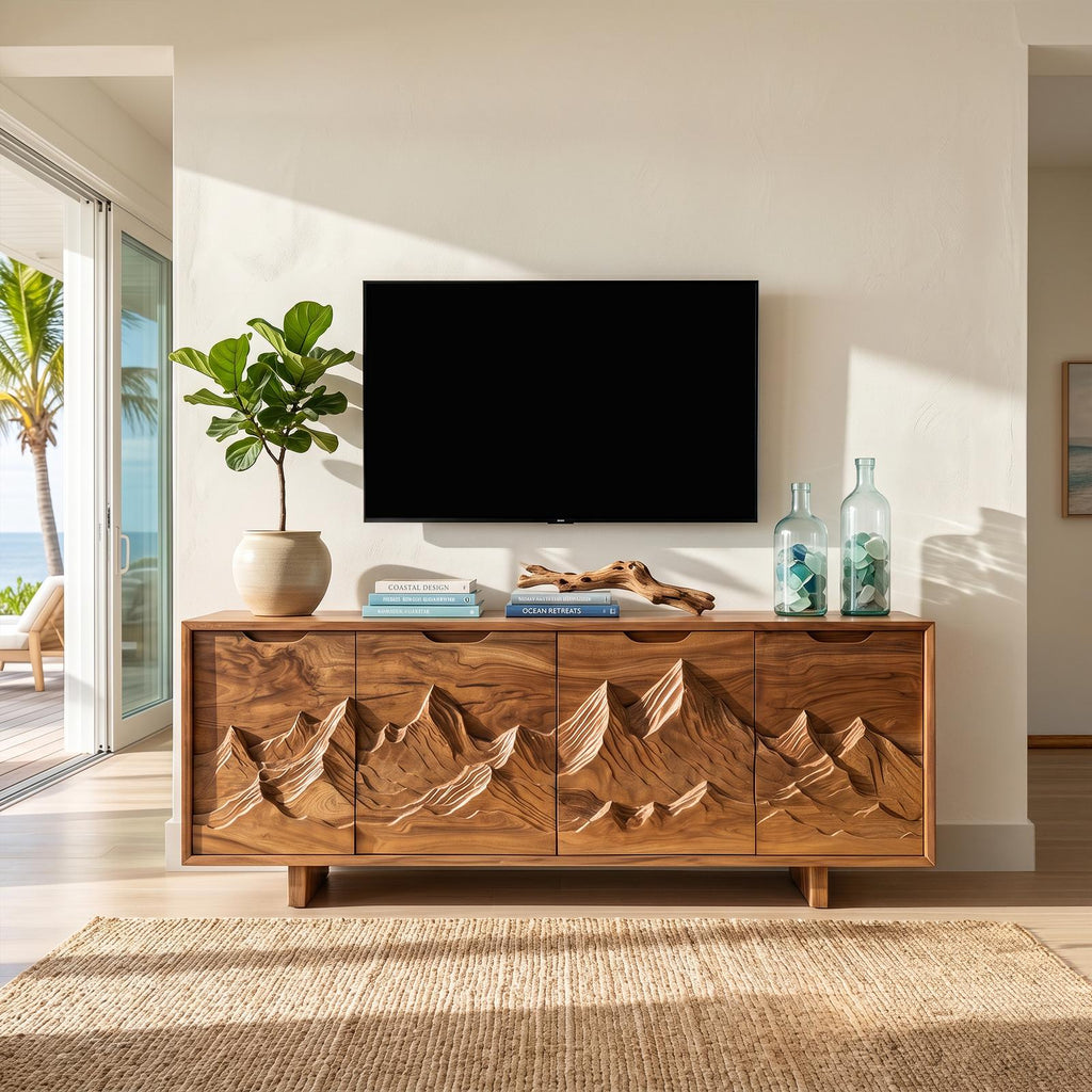 Mountain Carved Wood Media Console Table, Handcrafted Rustic 3D Forest TV Stand for Cabin Living Room Decor
