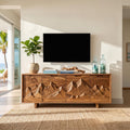 Mountain Carved Wood Media Console Table, Handcrafted Rustic 3D Forest TV Stand for Cabin Living Room Decor
