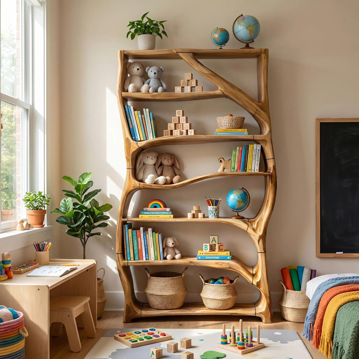 Minimalist Handcrafted Wood Bookshelf, Narrow Multi-Tier Book Storage Organizer Shelf for Small Space Bed Room