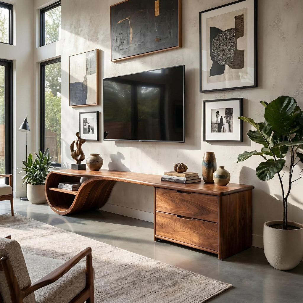 Scandinavian Organic Wood TV Console, Modern TV Stand and Entertainment Center Cabinet for Living Room