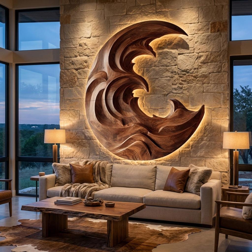 Organic Modern Wood Wave Wall Art, 3D Fluid Hand-Carved Coastal Wood Sculpture Panel for Living Room Decor