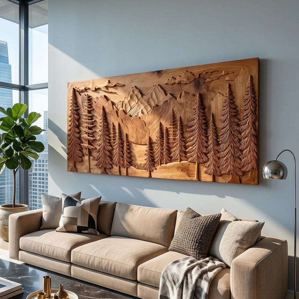 Luxury Carved Pine Forest Wood Wall Art, 3D Handcrafted Woodland Tree Nature Landscape Panel for Cabin Lodge Living Room Decor