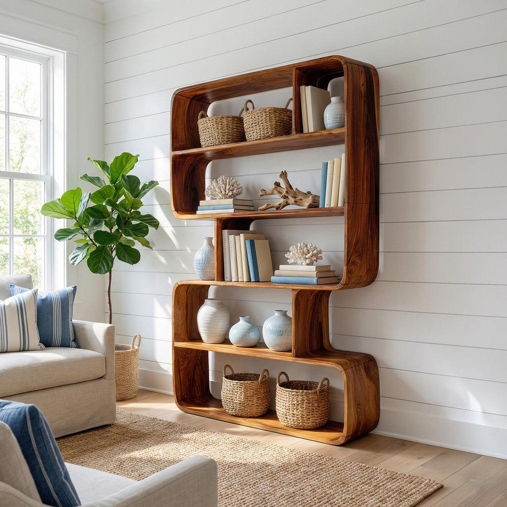 Japandi Sculptural Wood Bookshelf, Wall-Mounted Bathroom Open Storage Display Cabinet & Towel Rack Organizer