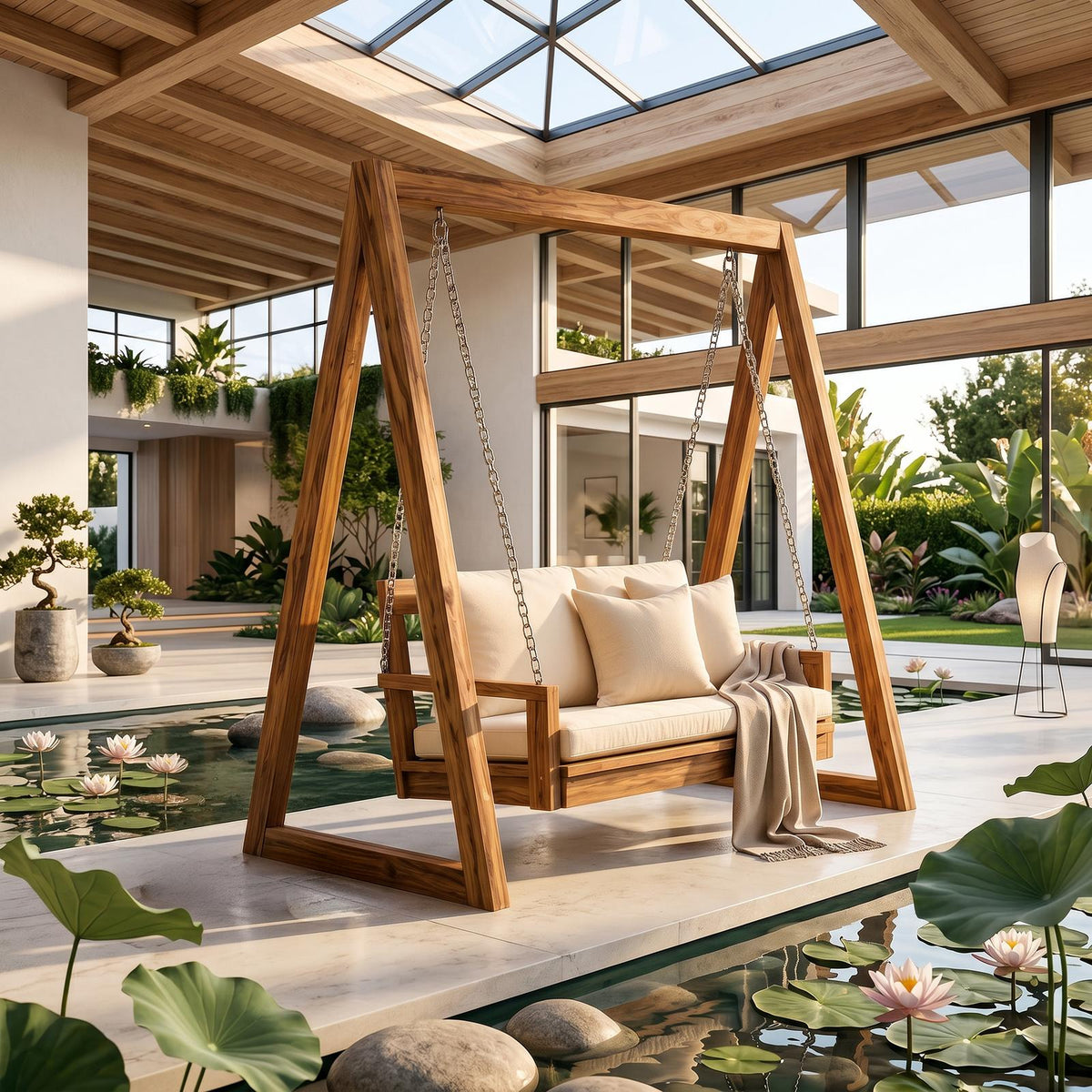 Luxury Wooden Swing Sofa Water Garden Retreat