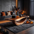 Farmhouse Wooden Live Edge Coffee Table, Dark Reclaimed Solid Wood Center Cocktail Table with Metal Legs, Spooky Decor Theme, SILDTTNHCF027