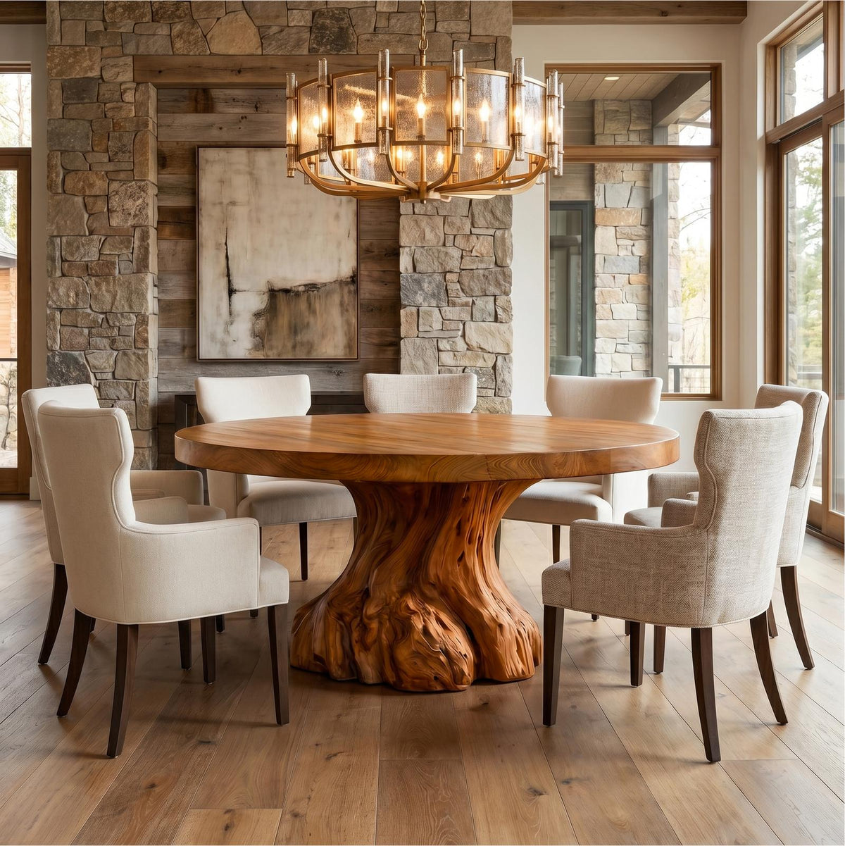 Rustic Tree Root Round Dining Table, Solid Wood Natural Slab Kitchen Table for Home Dining Room