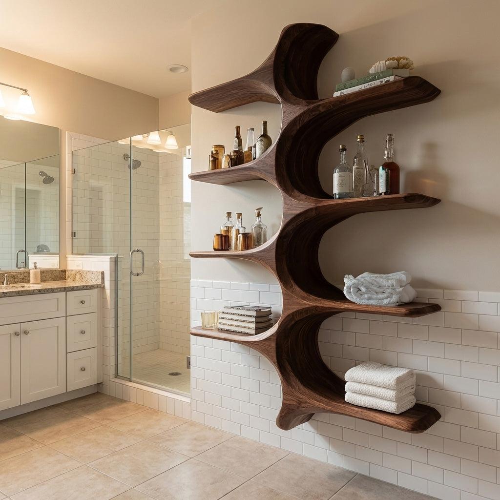 Organic Sculptural Natural Wood Bathroom Shelf For Spa