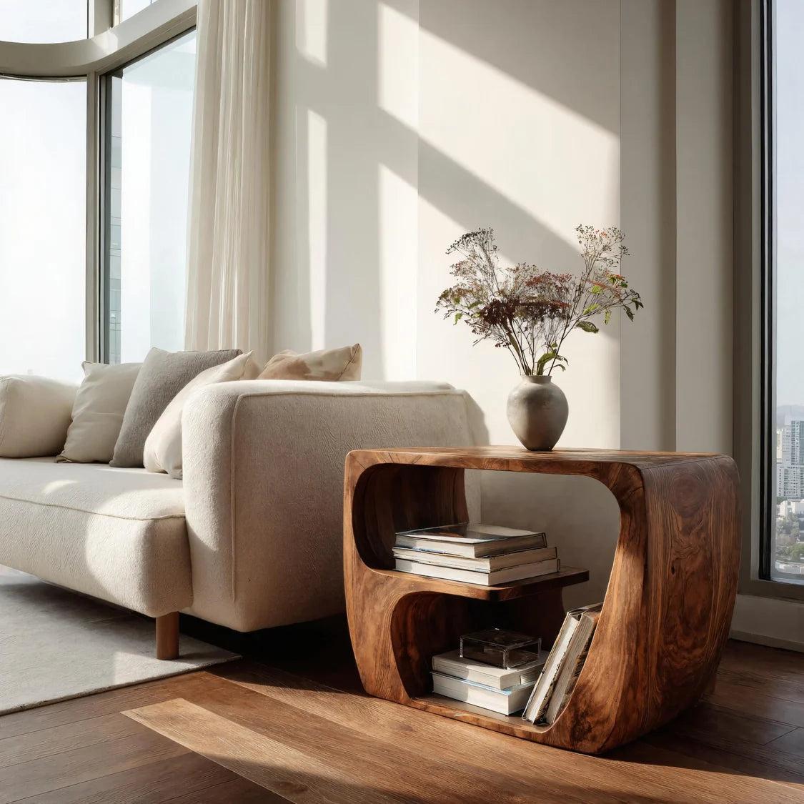 Quiet Luxury Wooden Side Table with Open Storage, Handcrafted Solid Wood End Table for Living Room & Lounge, Model
