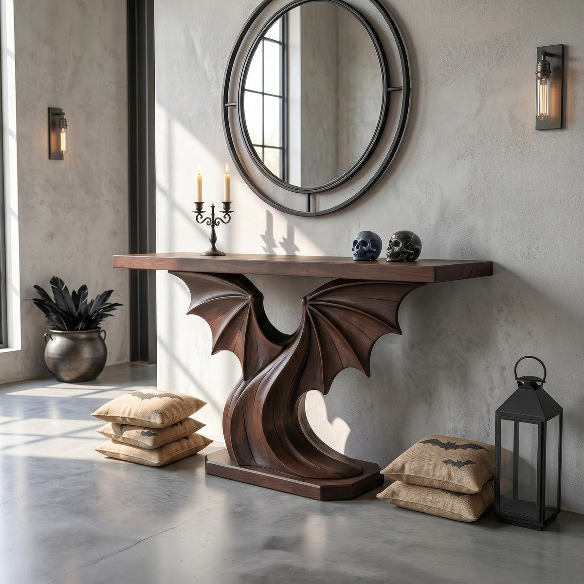 Contemporary Halloween Console Table With Sculptural Bat Wing Design For Entryway And Hallway