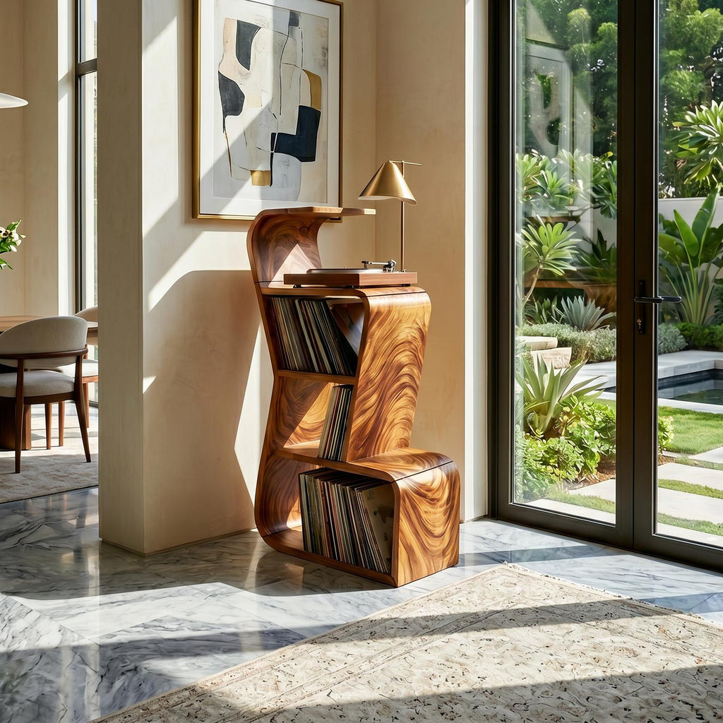 Modern Sculptural Wood Vinyl Record Stand, Handcrafted Premium Turntable Cabinet & LP Storage Rack, Model