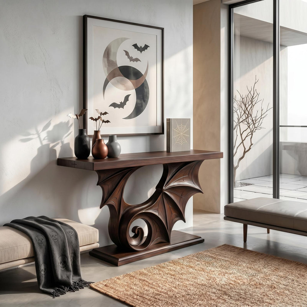 Gothic Halloween Console Table With Sculptural Bat Design For Entryway And Hallway
