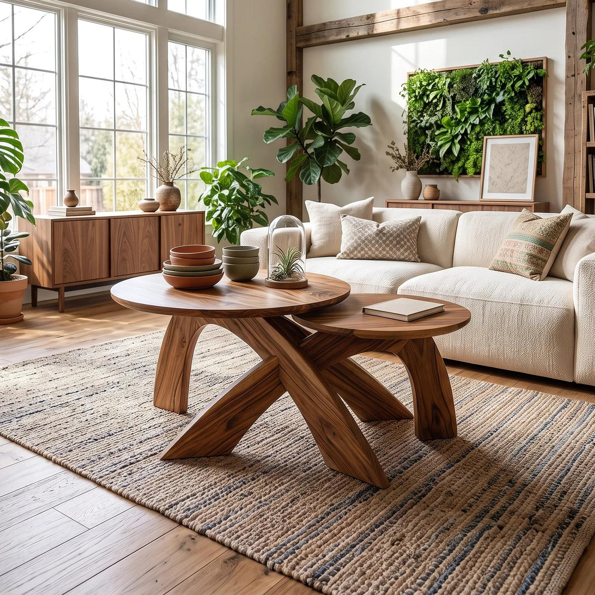 Mid Century Round Coffee Table Biophilic Living Room