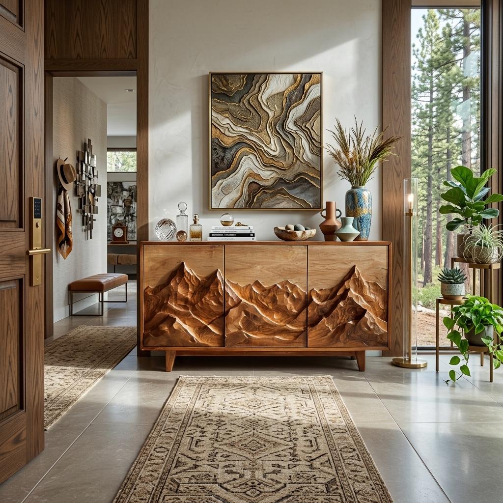 Modern Wood Sideboard With Mountain Relief For Home Interior RTTHTTSD045