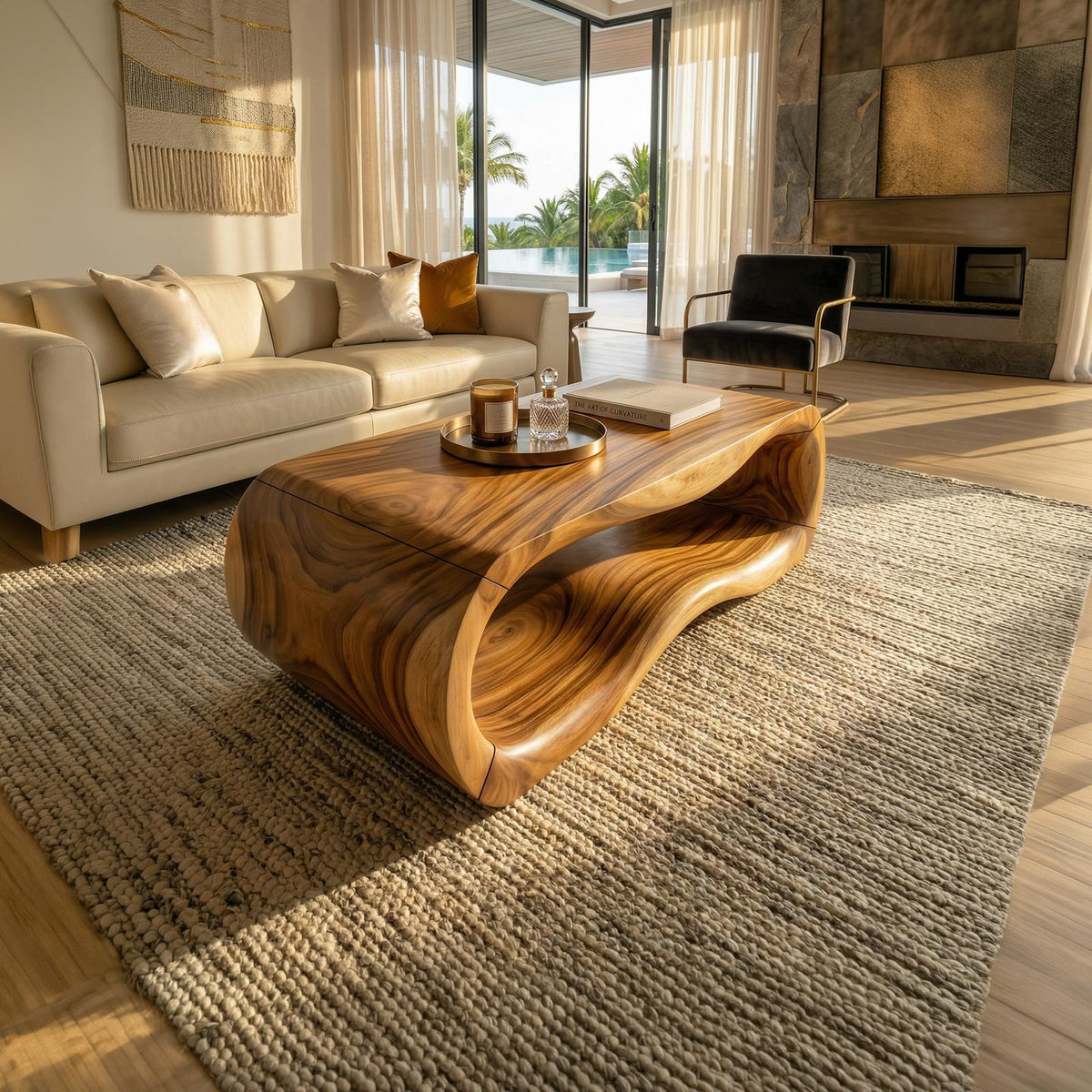 Luxury Sculptural Wood Coffee Table, Solid Wood Contemporary Accent Center Table for Designer Villa and Living Room