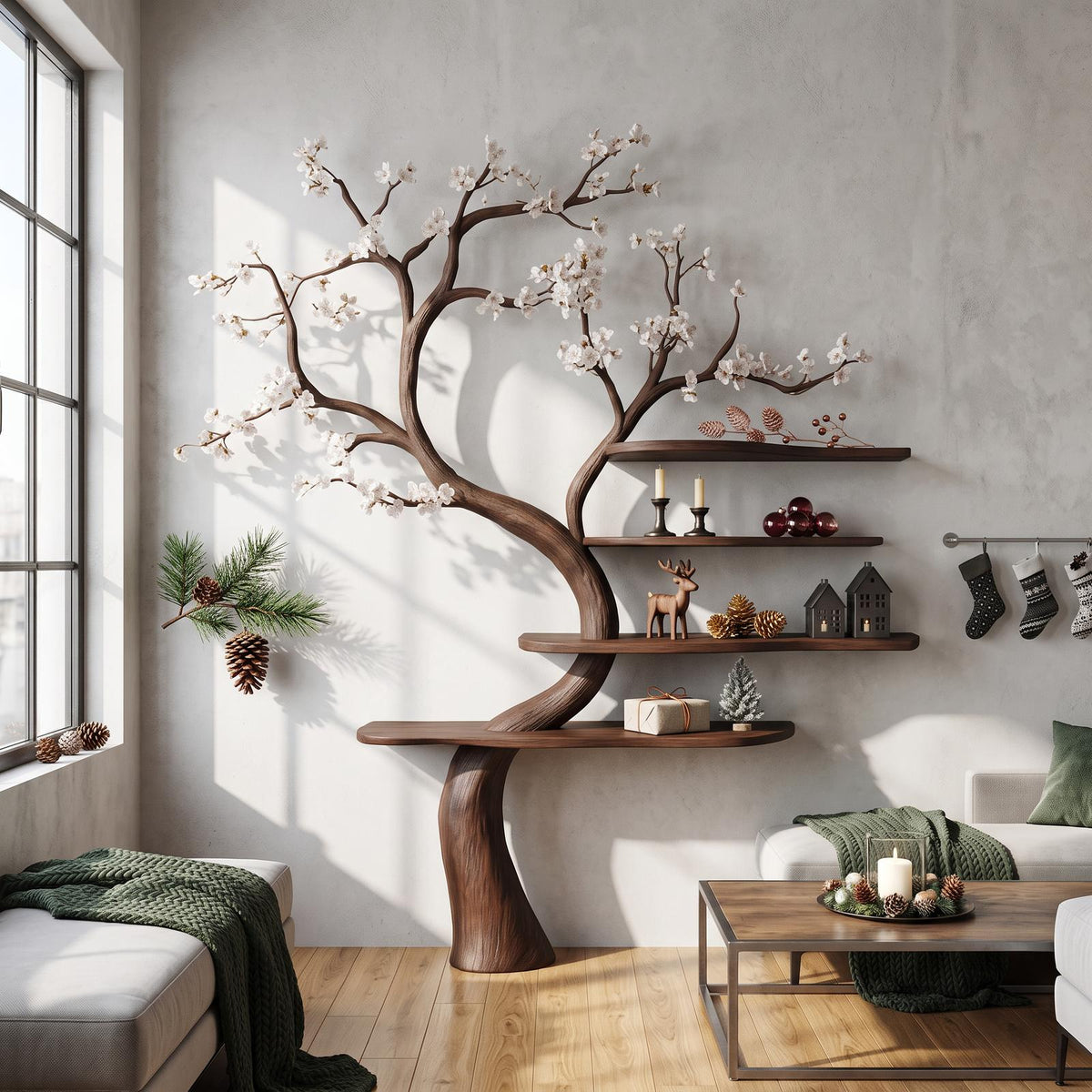 Rustic Natural Tree Bookshelf, Handcrafted Solid Wood Branch Shelving Unit, Artistic Decorative Storage for Living Room