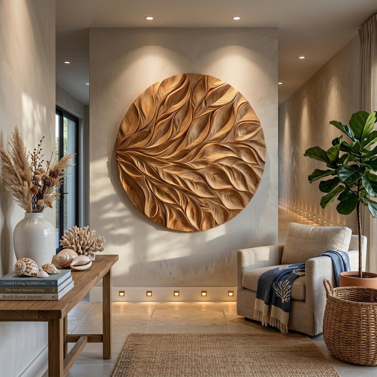Coastal Wall Art with Flowing Leaf Design, Carved Wood Foliage Wall Decor Panel for Hallway