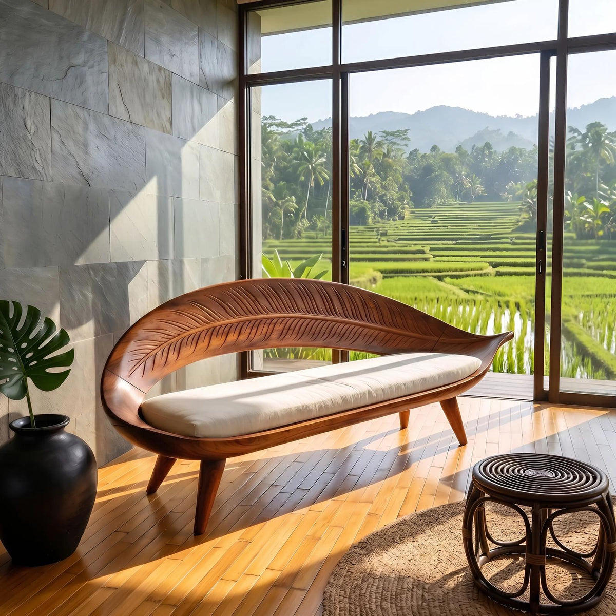 Spry Interior Modern Woven Leaf Shaped Bench, Sculptural Solid Wood Accent Seating for Mudroom, Entryway or Indoor Garden, SILDTTNBEN003