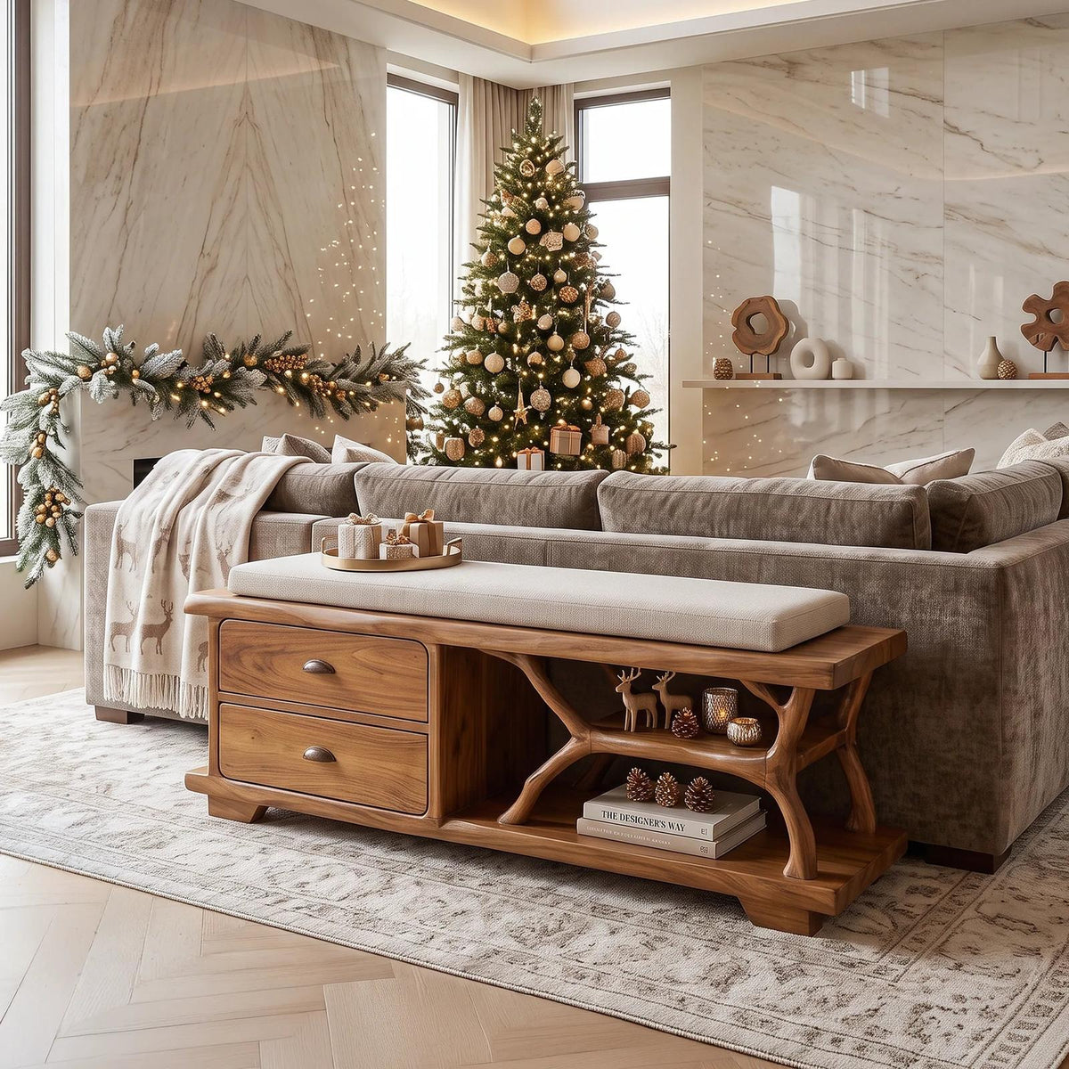 Modern Christmas Storage Bench Reindeer Living Room Decor